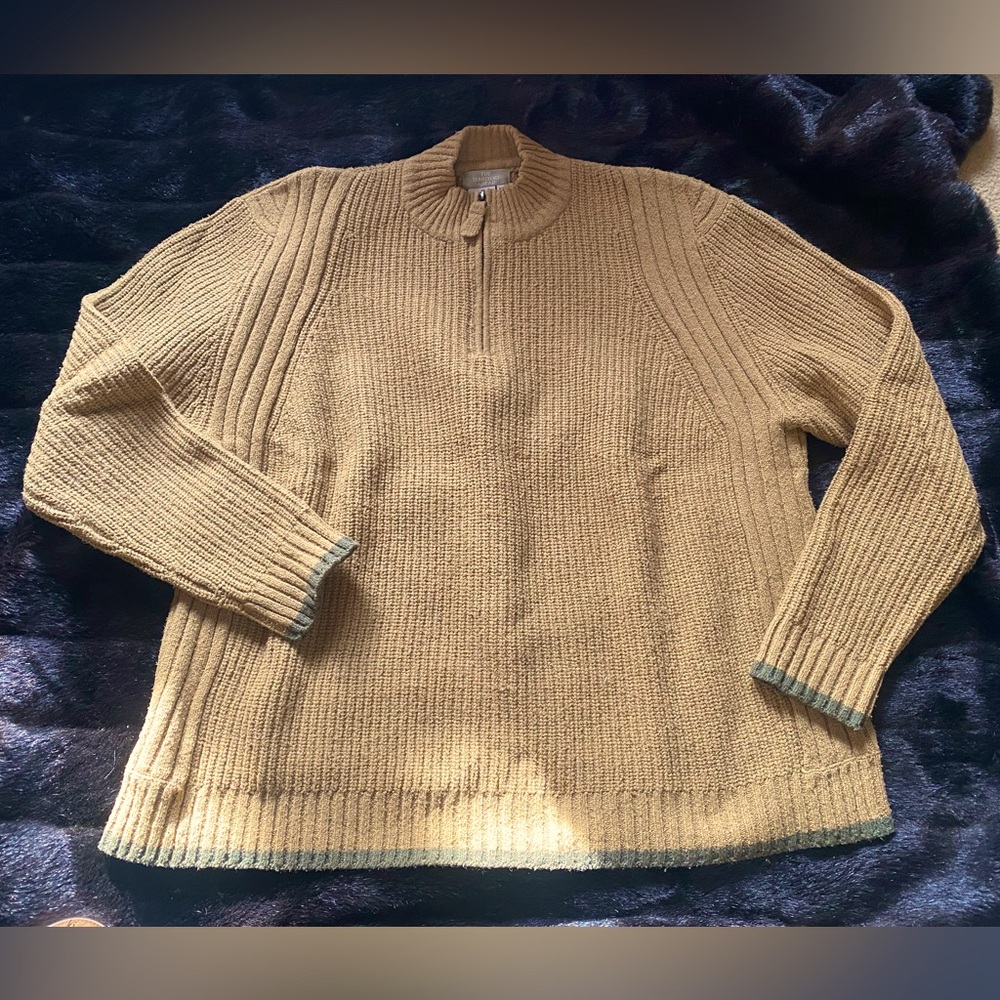 EUC Vtg Territory Ahead silk blend 1/4 zip ribbed pullover sweater-mustard/olive